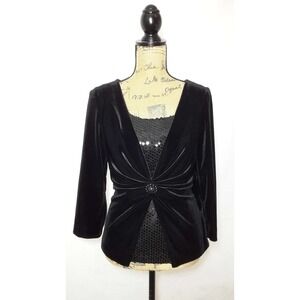 Jackie Jon Top 8 Black Velvet Rhinestone Bead Sequin 3/4 Sl Party Evening Blouse